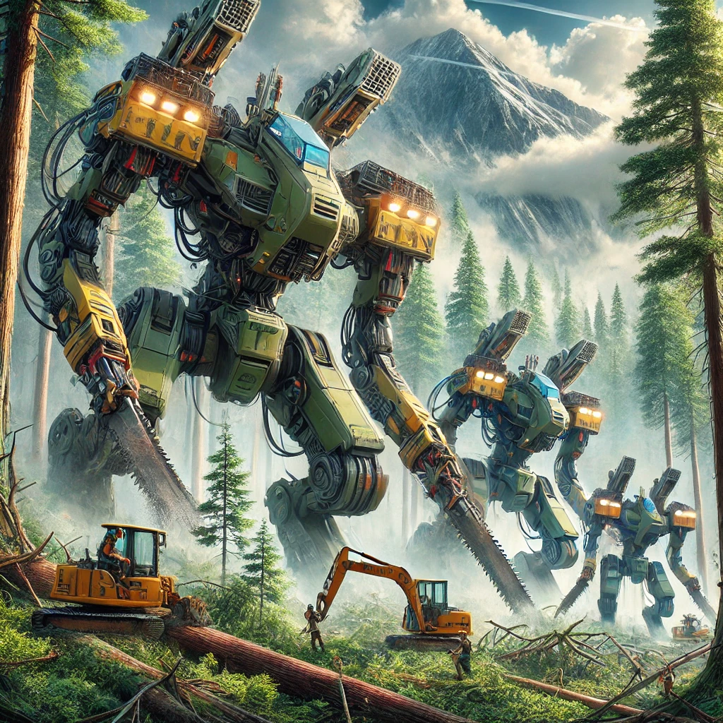 DALL·E 2024-12-16 00.05.28 – A striking scene of robotic bulldozers resembling humanoid mechs from Japanese anime, actively clearing a dense forest in a mountainous region. These DALL·E 2024-12-16 00.05.28 - A striking scene of robotic bulldozers resembling humanoid mechs from Japanese anime, actively clearing a dense forest in a mountainous region. These