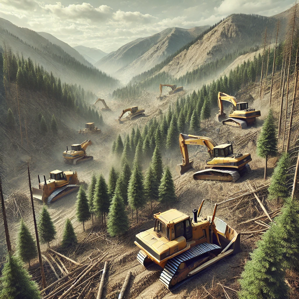 DALL·E 2024-12-16 00.08.26 – A realistic scene depicting bulldozers at work in a mountainous region, clearing trees to construct trails. The image shows heavy machinery, notably b DALL·E 2024-12-16 00.08.26 - A realistic scene depicting bulldozers at work in a mountainous region, clearing trees to construct trails. The image shows heavy machinery, notably b