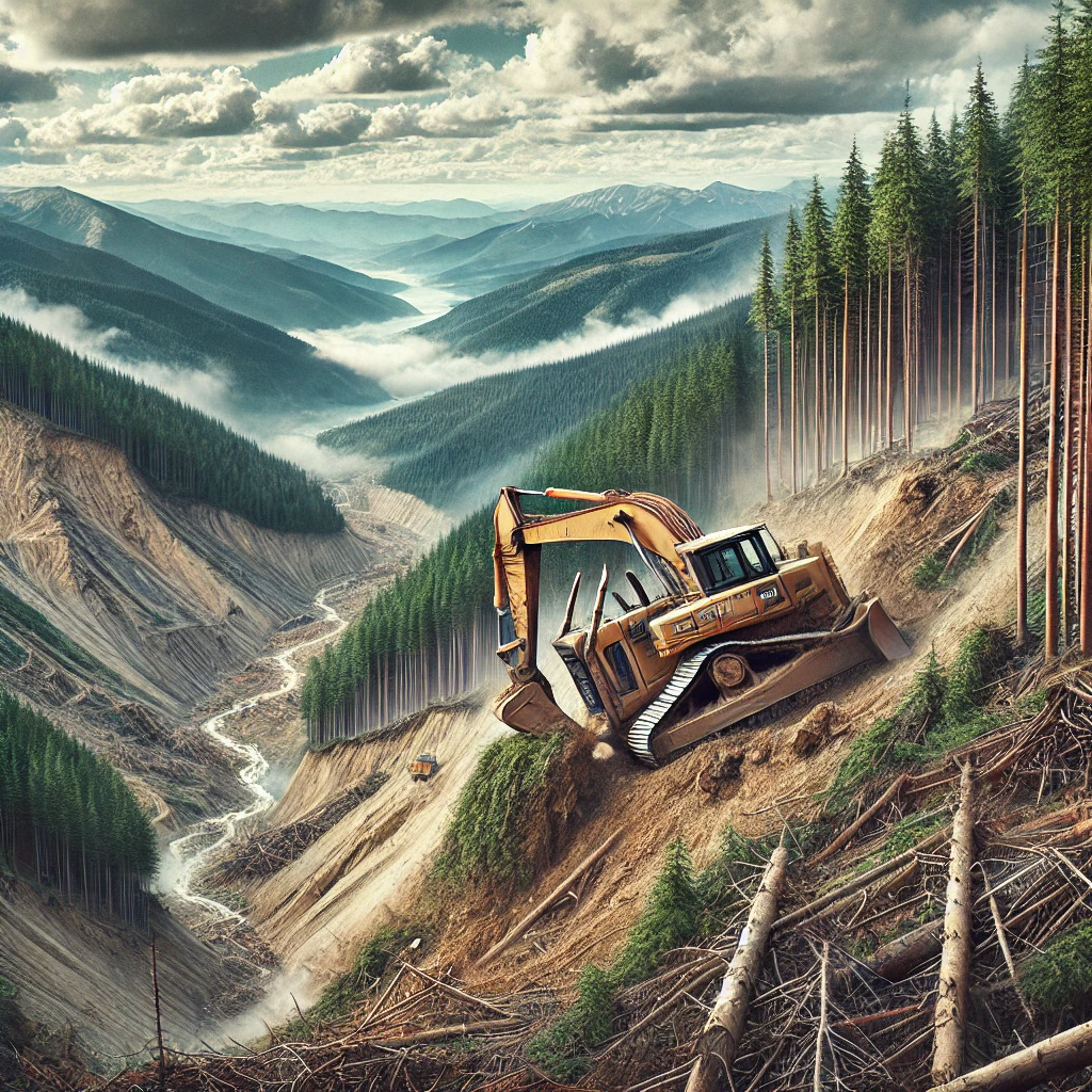DALL·E 2024-12-16 00.08.56 – A detailed landscape scene showing construction work in a mountain area, where bulldozers are clearing forests to make way for new trails. The bulldoz DALL·E 2024-12-16 00.08.56 - A detailed landscape scene showing construction work in a mountain area, where bulldozers are clearing forests to make way for new trails. The bulldoz