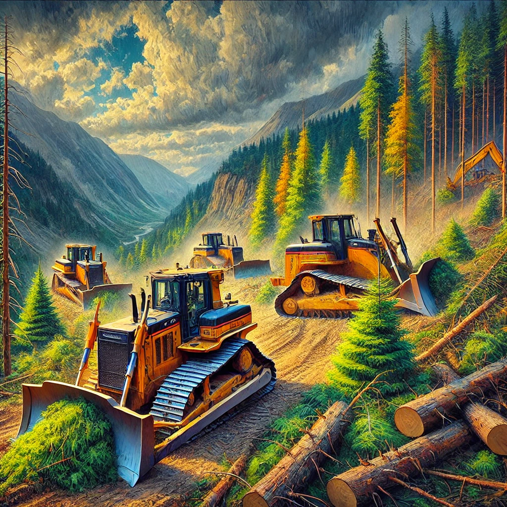 DALL·E 2024-12-16 00.09.21 – A vivid portrayal of bulldozers operating in a mountainous landscape, engaged in deforestation for trail creation. The scene depicts several heavy bul DALL·E 2024-12-16 00.09.21 - A vivid portrayal of bulldozers operating in a mountainous landscape, engaged in deforestation for trail creation. The scene depicts several heavy bul