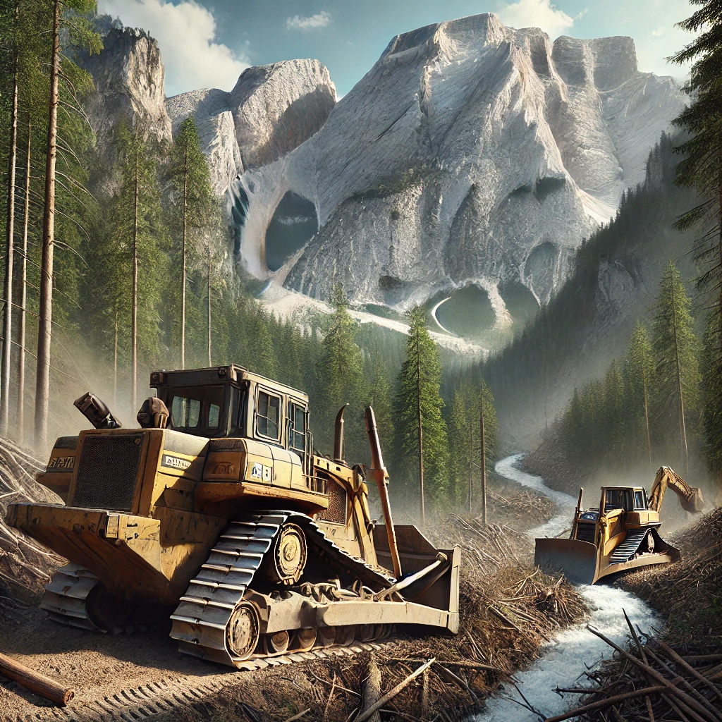 DALL·E 2024-12-16 00.10.04 – A highly realistic depiction of bulldozers at work in a mountainous area, clearing trees to construct hiking trails. The scene shows rugged bulldozers DALL·E 2024-12-16 00.10.04 - A highly realistic depiction of bulldozers at work in a mountainous area, clearing trees to construct hiking trails. The scene shows rugged bulldozers