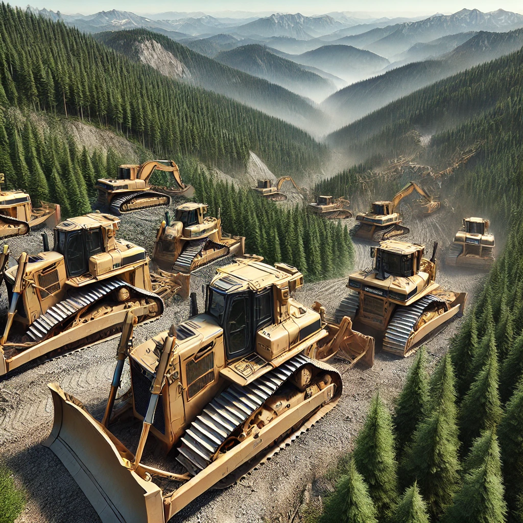 DALL·E 2024-12-16 00.10.41 – An ultra-realistic image of heavy machinery, specifically bulldozers, operating in a mountainous forest. These machines are clearing a swath of trees DALL·E 2024-12-16 00.10.41 - An ultra-realistic image of heavy machinery, specifically bulldozers, operating in a mountainous forest. These machines are clearing a swath of trees